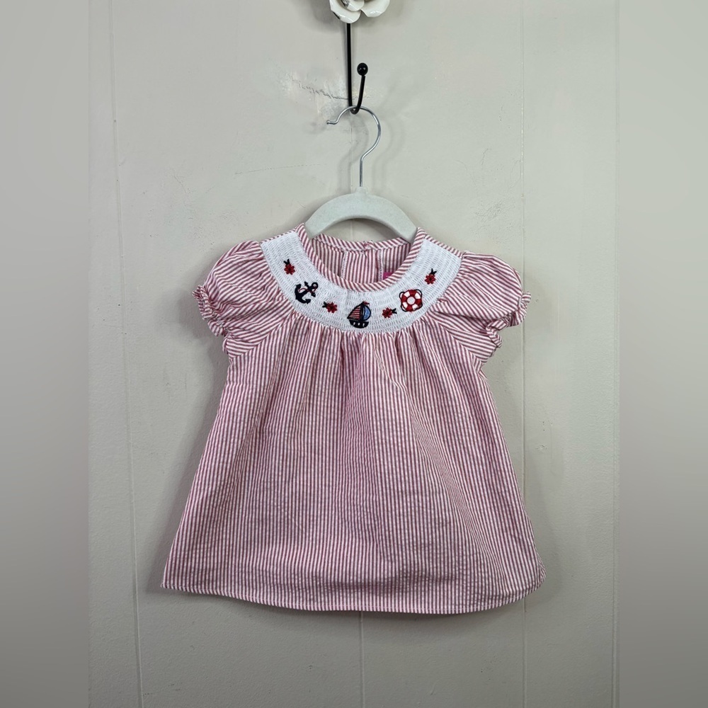 Good Lad baby girls red and white seersucker smocked nautical dress top 12 mo